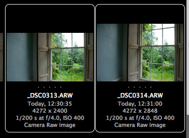 A windowed 16:9 raw file next to a full frame raw file, from the Alpha 700
