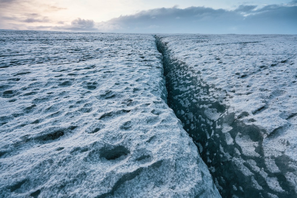 Wednesday 25th November 2015, Vatnajökull national park, Iceland: Photographer Mikael Buck with assistance from renowned local Icelandic guide Einar Runar Sigurdsson, explored the frozen world of Vatnajökull glacier in Iceland using Sonys world first back-illuminated full-frame sensor  which features in the ?7R II camera. His images were taken without use of a tripod or any image stitching techniques in photoshop. This was made possible through Sonys new sensor technology, allowing incredibly detailed low-light hand held photography. Previously images this detailed would have required carrying bulky equipment to the caves, some of which can require hiking and climbing over a glacier for up to two hours to to access. This picture: On top of the Vatnajökull glacier PR Handout - editorial usage only. Photographer's details not to be removed from metadata or byline. For further information please contact Rochelle Collison at Hope & Glory PR on 020 7014 5306 or rochelle.collison@hopeandglorypr.com Copyright: © Mikael Buck / Sony 07828 201 042 / mikaelbuck@gmail.com