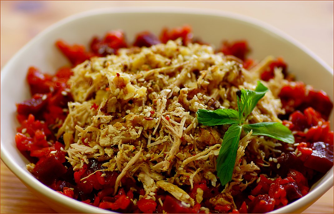 Beetroot flavoured rice and  Shreded Chicken with Tahini and nuts....jpg